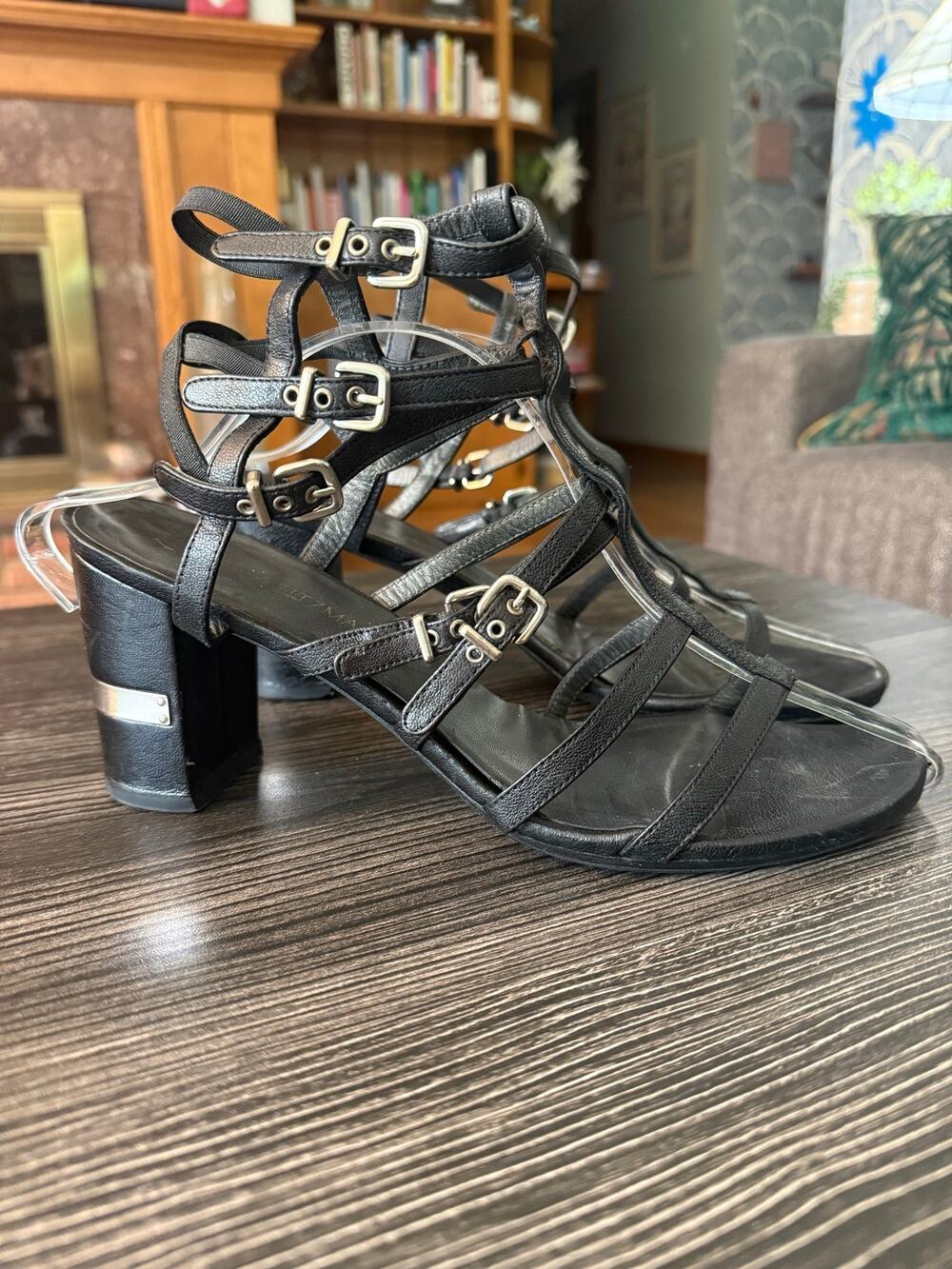 Stuart Weitzman Black Leather Pass the Buck Caged Gladiator Sandals Sz. 10